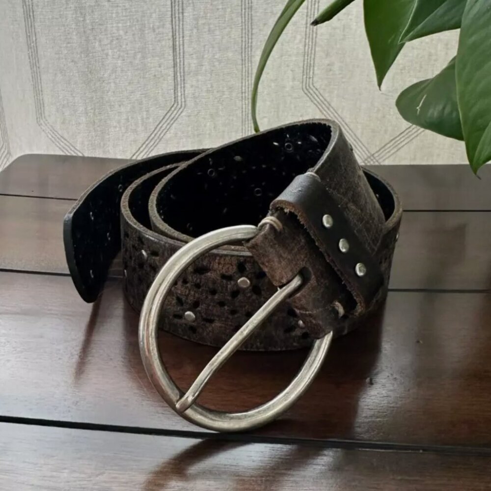 The Buckle Women's Black/Brown Soft Leather Belt Studs Medium Boho Biker…